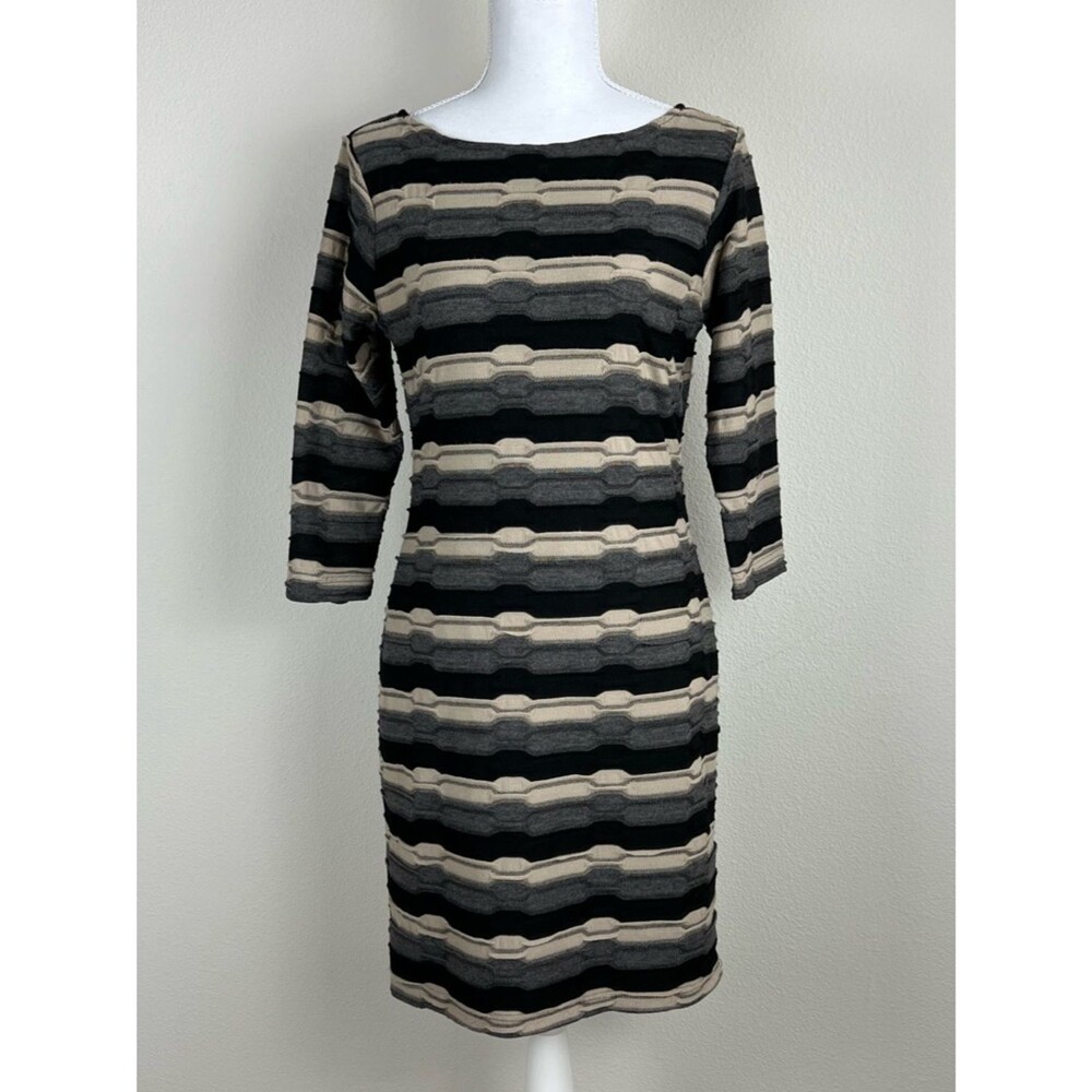 Dressbarn Women's Textured Striped Sheath Dress Size 8 Black Gray Beige Academia